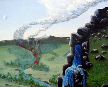 landscape showing water, air, fire, and earth