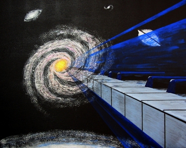 a piano keyboard pointing into a galaxy