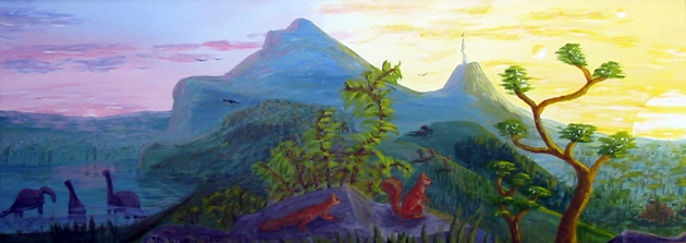 landscape showing dinosaurs and squirrels