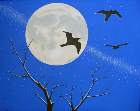 gulls flying in front of a moon